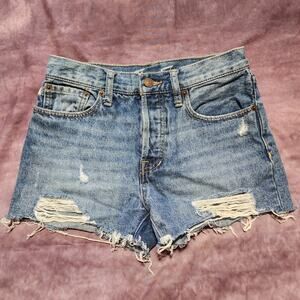 We The Free People Blue Distressed Denim Raw Hem Cut Off Shorts Boho Hippie